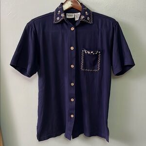 Vintage Blue Cotton Button Down Shirt with Patterned Knit Floral Leaves Accents